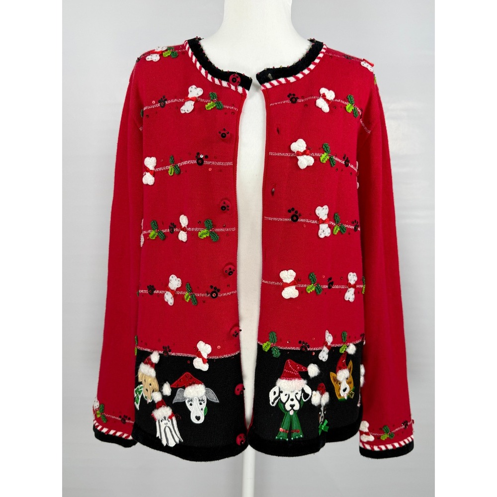 Berek Christmas Dog Cardigan Women L Red Black Beaded Sequin Ugly Sweater Kitsch
